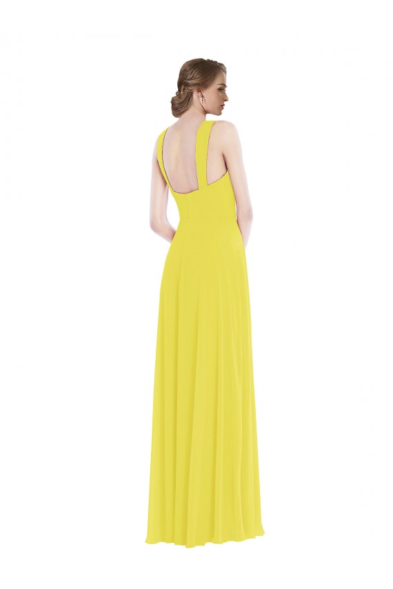 Mejores Amarillo línea A Tirantes espagueti Gasa Largo Vestidos de dama de honor