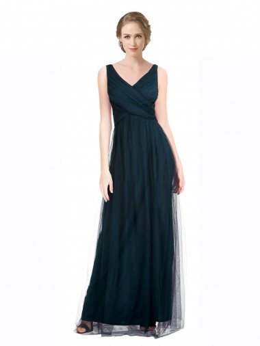 Mejores Azul 7 línea A Cuello en V Tul Largo Vestidos de dama de honor