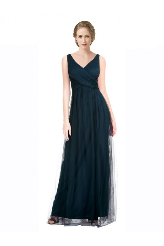 Mejores Azul 7 línea A Cuello en V Tul Largo Vestidos de dama de honor