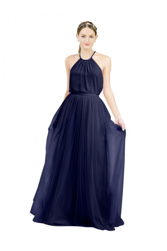 Mejores Azul Marino 21 línea A Halter Cuello Alto Tul Largo Vestidos de dama de honor
