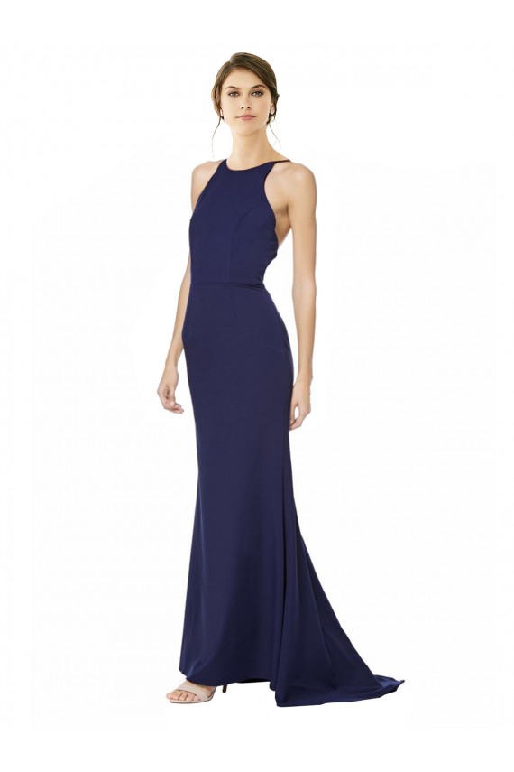 Mejores Azul Marino Sirena Halter Cuello Alto Crepé Elástico Largo Formales Vestidos de dama de honor / Vestidos de fiesta