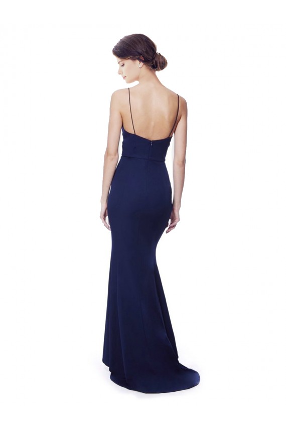 Mejores Azul Marino Sirena Tirantes espagueti Cuello en V Cuello Alto Crepé Elástico Largo Formales Vestidos de dama de honor / Vestidos de fiesta