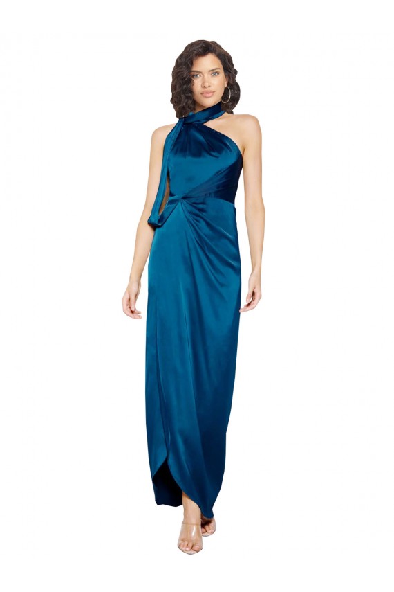 Mejores Azul Verde pavo real Cubierta Halter Cuello Alto Satén sedoso Largo Formales Vestidos de dama de honor / Vestidos de fiesta
