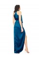 Mejores Azul Verde pavo real Cubierta Halter Cuello Alto Satén sedoso Largo Formales Vestidos de dama de honor / Vestidos de fiesta