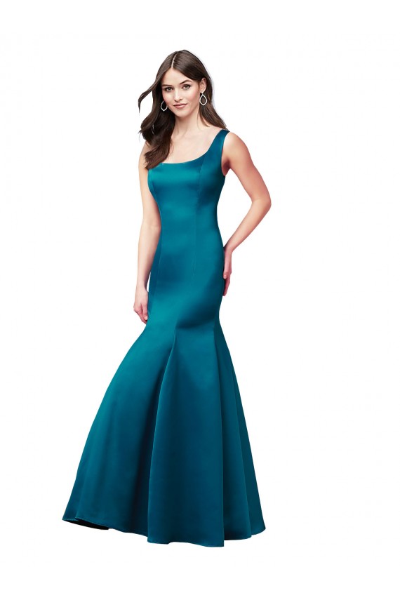 Mejores Azul Verde pavo real Sirena Barco Satén Largo Vestidos de dama de honor / Vestidos de fiesta
