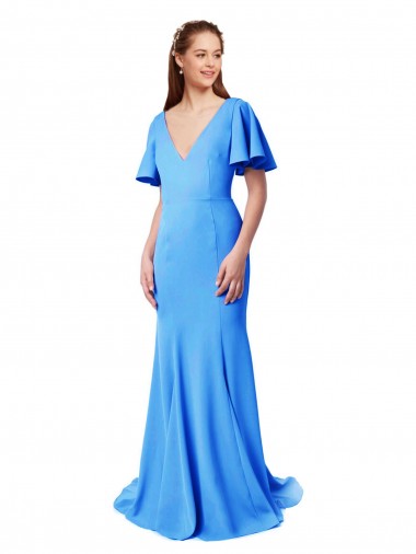 Mejores Azul Verde pavo real Sirena Cuello en V Barrer tren Crepé Elástico Largo Vestidos de dama de honor / Vestidos de fiesta