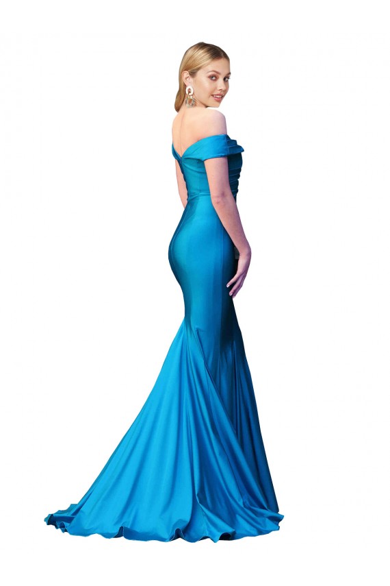 Mejores Azul Verde pavo real Sirena Hombros Descubiertos Satén Largo Formales Vestidos de dama de honor / Vestidos de fiesta