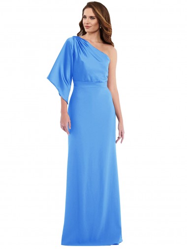 Mejores Azul Verde pavo real Trompeta Un Hombre Crepé Elástico Largo Vestidos de dama de honor / Vestidos de fiesta
