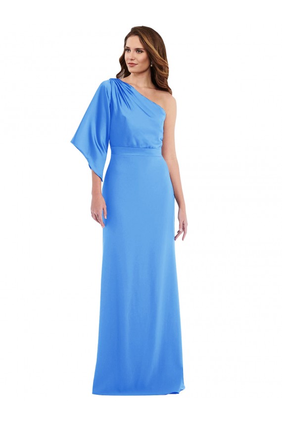 Mejores Azul Verde pavo real Trompeta Un Hombre Crepé Elástico Largo Vestidos de dama de honor / Vestidos de fiesta