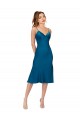 Mejores Azul Verde pavo real línea A Cuello en V Midi Satén sedoso Corto Vestidos de dama de honor / Vestidos de fiesta / Vestidos de cóctel