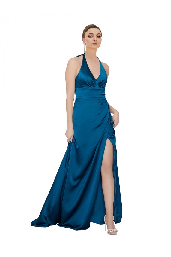 Mejores Azul Verde pavo real línea A Halter Satén sedoso Largo Formales Vestidos de dama de honor / Vestidos de fiesta