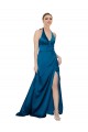 Mejores Azul Verde pavo real línea A Halter Satén sedoso Largo Formales Vestidos de dama de honor / Vestidos de fiesta