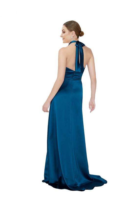 Mejores Azul Verde pavo real línea A Halter Satén sedoso Largo Formales Vestidos de dama de honor / Vestidos de fiesta