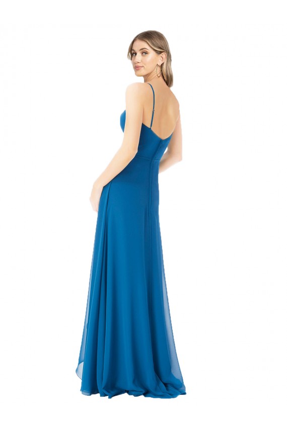 Mejores Azul Verde pavo real línea A Tirantes espagueti Gasa Largo Vestidos de dama de honor