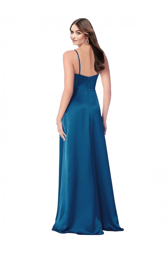 Mejores Azul Verde pavo real línea A Tirantes espagueti Satén sedoso Largo Formales Vestidos de dama de honor / Vestidos de fiesta
