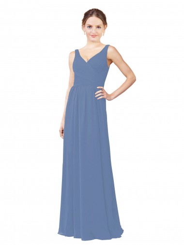Mejores Azul Windsor Cubierta Cuello en V Gasa Largo Vestidos de dama de honor