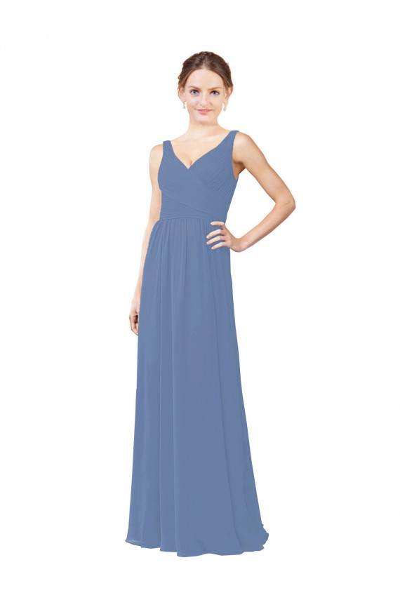Mejores Azul Windsor Cubierta Cuello en V Gasa Largo Vestidos de dama de honor