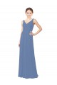 Mejores Azul Windsor Cubierta Cuello en V Gasa Largo Vestidos de dama de honor