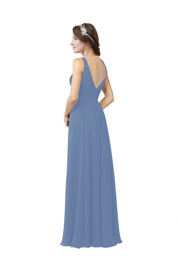 Mejores Azul Windsor Cubierta Cuello en V Gasa Largo Vestidos de dama de honor