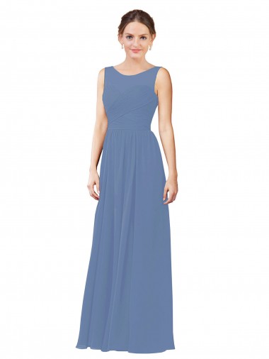Mejores Azul Windsor Cubierta Ilusión Cuello de Corazón Gasa Largo Vestidos de dama de honor