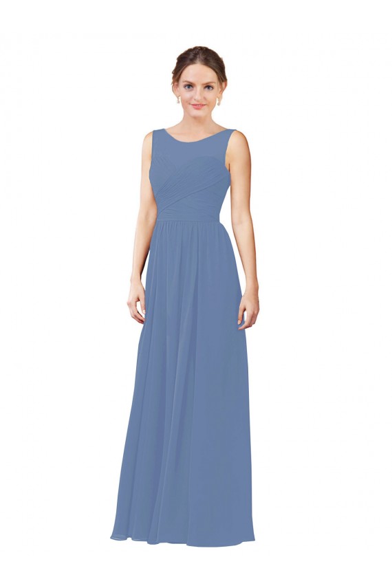 Mejores Azul Windsor Cubierta Ilusión Cuello de Corazón Gasa Largo Vestidos de dama de honor