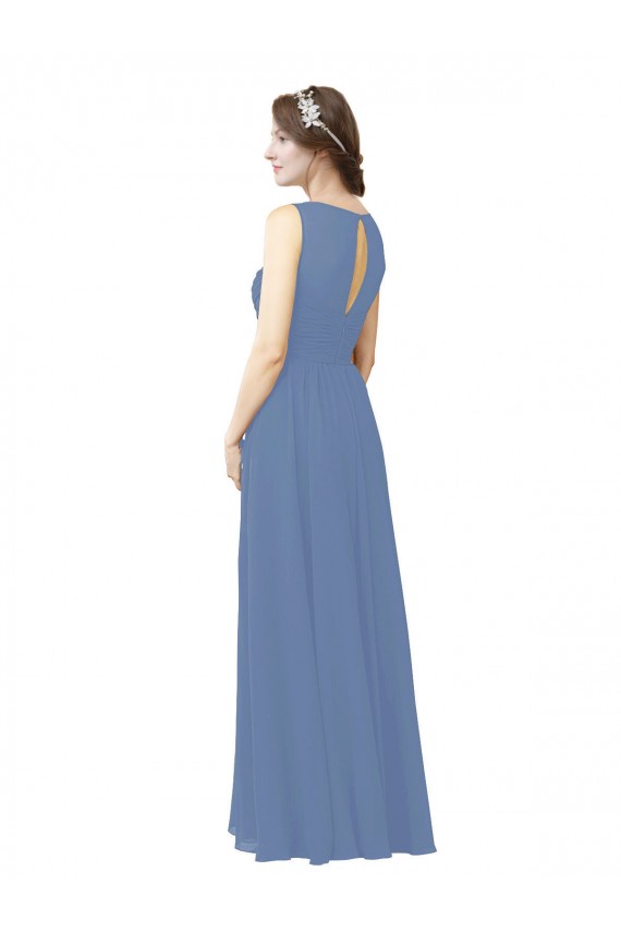 Mejores Azul Windsor Cubierta Ilusión Cuello de Corazón Gasa Largo Vestidos de dama de honor