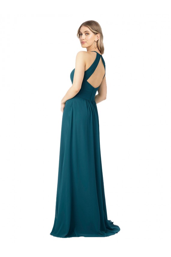 Mejores Azul Windsor línea A Cuello Alto Gasa Largo Vestidos de dama de honor