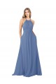 Mejores Azul Windsor línea A Cuello Alto Gasa Largo Vestidos de dama de honor