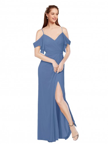 Mejores Azul Windsor línea A Hombros Descubiertos Gasa Largo Vestidos de dama de honor