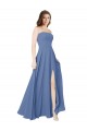 Mejores Azul Windsor línea A Sin tirantes Gasa Largo Vestidos de dama de honor