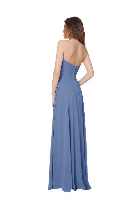 Mejores Azul Windsor línea A Sin tirantes Gasa Largo Vestidos de dama de honor
