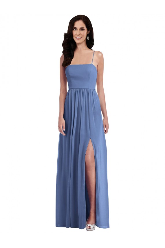 Mejores Azul Windsor línea A Tirantes espagueti Gasa Largo Vestidos de dama de honor