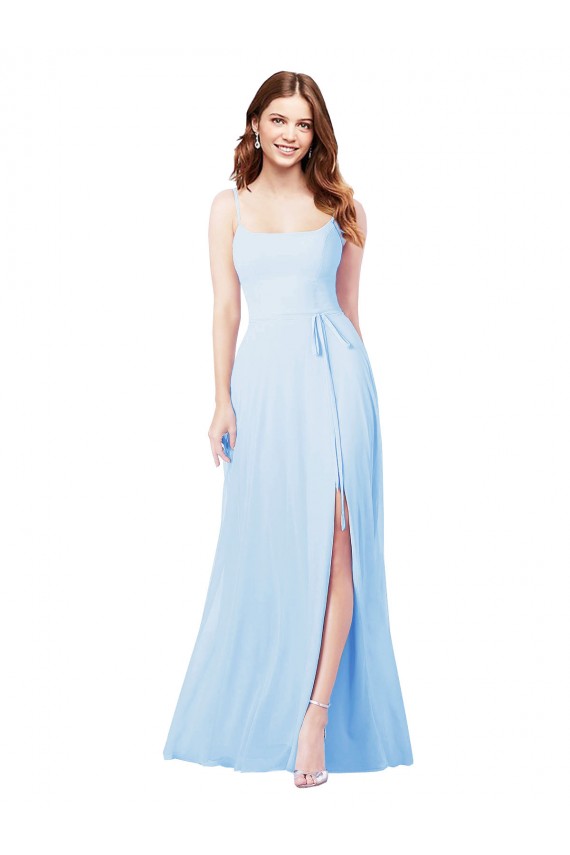 Mejores Azul cielo claro Cubierta Tirantes espagueti Cuadrado Gasa Largo Vestidos de dama de honor
