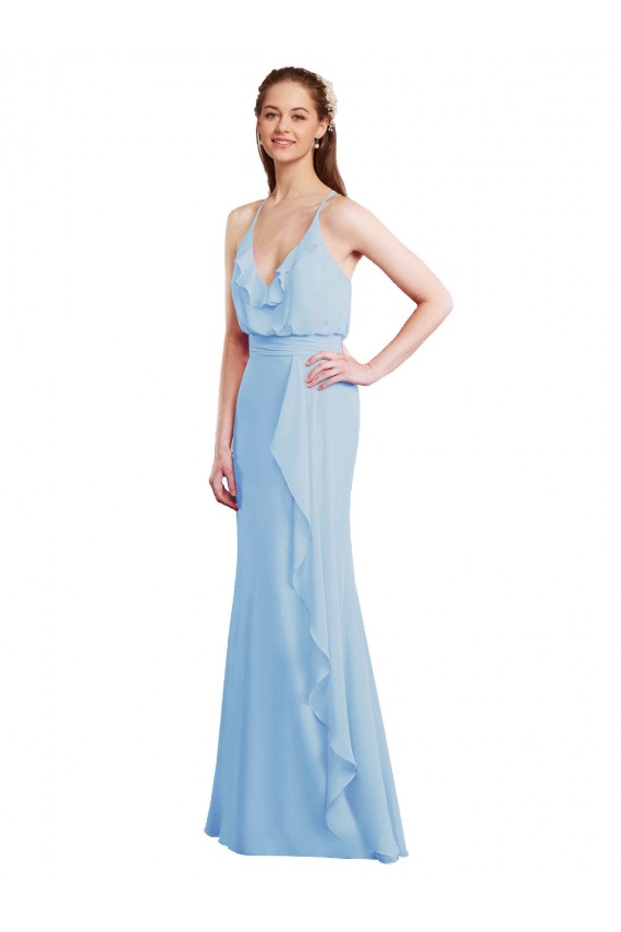 Mejores Azul cielo claro Sirena Tirantes espagueti Cuello en V Gasa Largo Vestidos de dama de honor