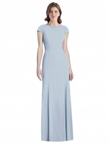 Mejores Azul cielo claro Trompeta Barco Crepé Elástico Largo Vestidos de dama de honor / Vestidos de fiesta