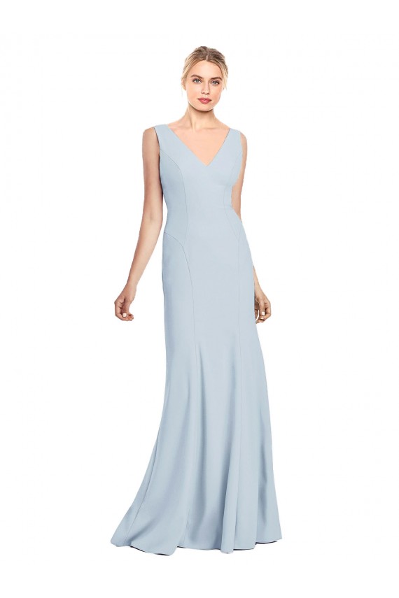 Mejores Azul cielo claro Trompeta Cuello en V Crepé Elástico Largo Vestidos de dama de honor / Vestidos de fiesta