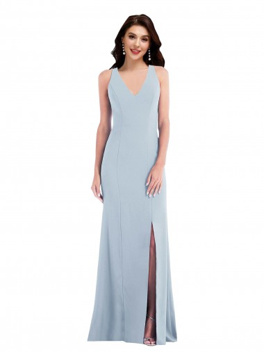 Mejores Azul cielo claro Trompeta Cuello en V Crepé Elástico Largo Vestidos de dama de honor / Vestidos de fiesta