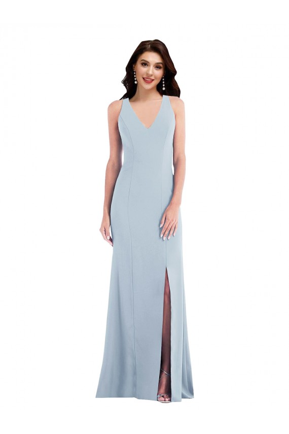 Mejores Azul cielo claro Trompeta Cuello en V Crepé Elástico Largo Vestidos de dama de honor / Vestidos de fiesta