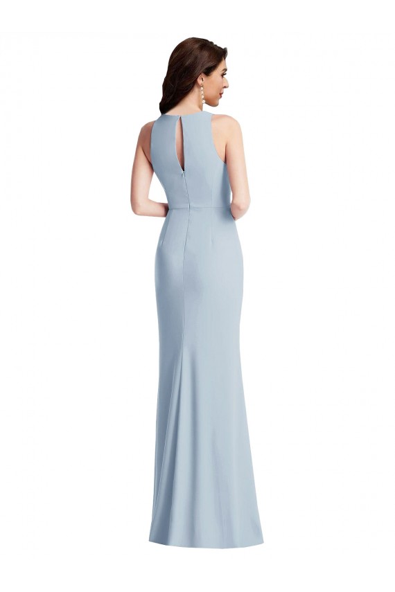 Mejores Azul cielo claro Trompeta Halter Crepé Elástico Largo Vestidos de dama de honor / Vestidos de fiesta