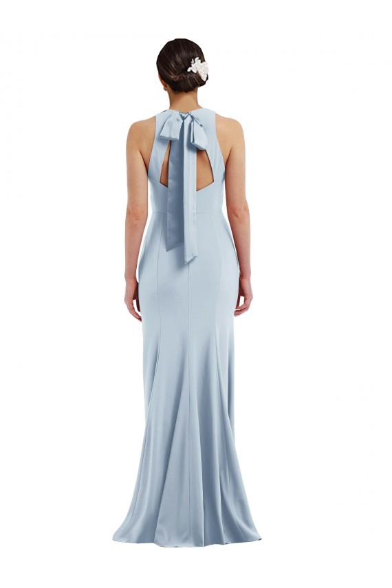 Mejores Azul cielo claro Trompeta Halter Cuello joya Crepé Elástico Largo Formales Vestidos de dama de honor / Vestidos de fiesta