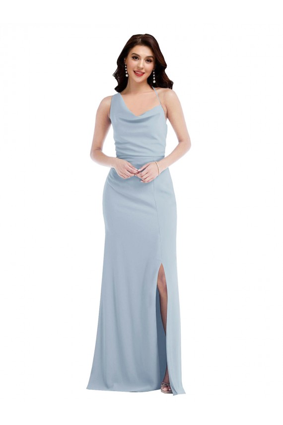 Mejores Azul cielo claro Trompeta Un Hombre Crepé Elástico Largo Vestidos de dama de honor / Vestidos de fiesta