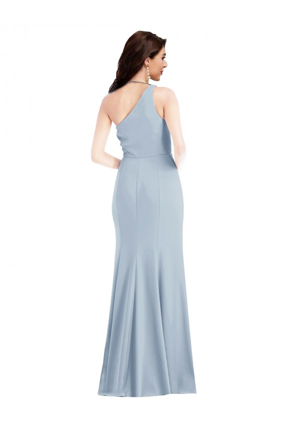 Mejores Azul cielo claro Trompeta Un Hombre Crepé Elástico Largo Vestidos de dama de honor / Vestidos de fiesta