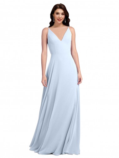 Mejores Azul cielo claro línea A Cuello en V Gasa Largo Vestidos de dama de honor
