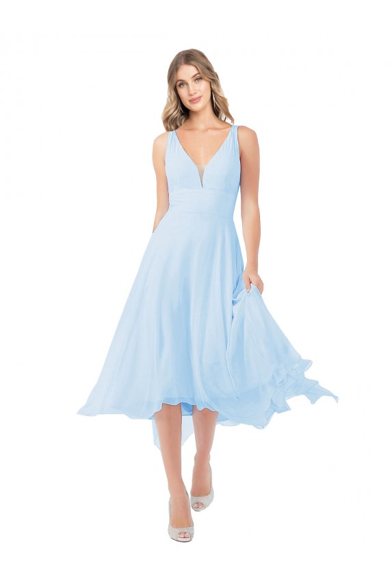 Mejores Azul cielo claro línea A Cuello en V Midi Gasa Corto Vestidos de dama de honor / Vestidos de cóctel