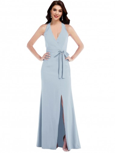 Mejores Azul cielo claro línea A Halter Cuello en V Crepé Elástico Largo Formales Vestidos de dama de honor / Vestidos de fiesta