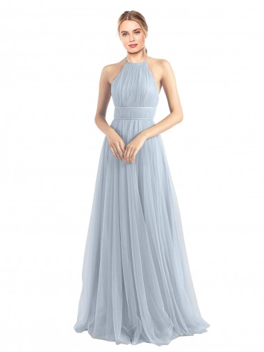 Mejores Azul cielo claro línea A Halter Tul Largo Vestidos de dama de honor