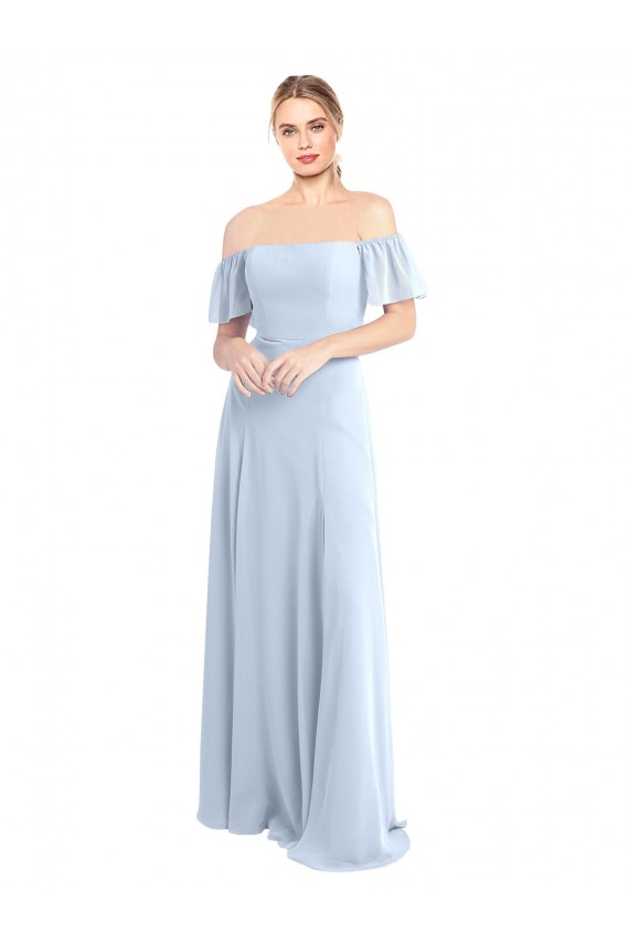 Mejores Azul cielo claro línea A Hombros Descubiertos Cuadrado Gasa Largo Vestidos de dama de honor