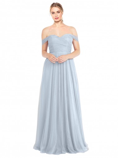 Mejores Azul cielo claro línea A Hombros Descubiertos Tul Largo Vestidos de dama de honor