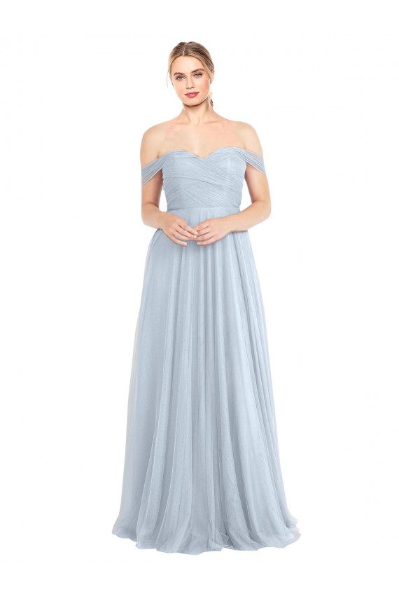 Mejores Azul cielo claro línea A Hombros Descubiertos Tul Largo Vestidos de dama de honor