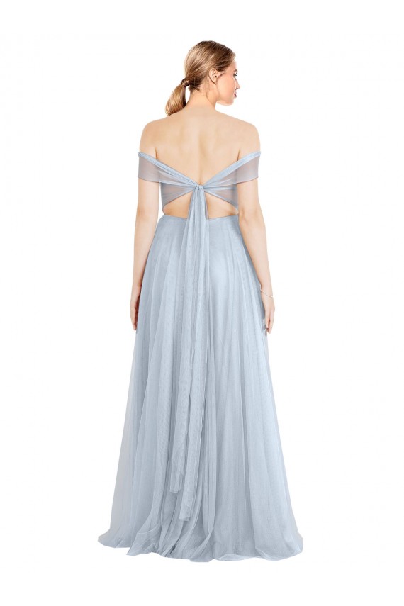 Mejores Azul cielo claro línea A Hombros Descubiertos Tul Largo Vestidos de dama de honor